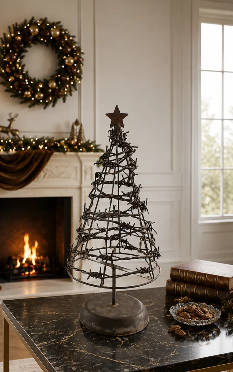Artisan Wrought Iron Sculptural Christmas Tree Accent (DI-618) - Patinated Antique Iron & Rustic Star Topper [Dia 17cm x H 39cm] handcrafted metal decor by Dekkor Impex Moradabad