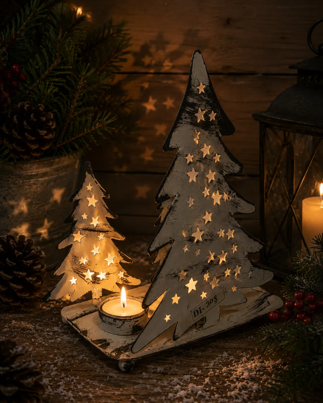 Distressed White Twin Pine Tree Metal Votive Holder (DI-308) - Weathered White Enamel & Star Cutouts [21cm x 19cm x 11cm] handcrafted metal decor by Dekkor Impex Moradabad
