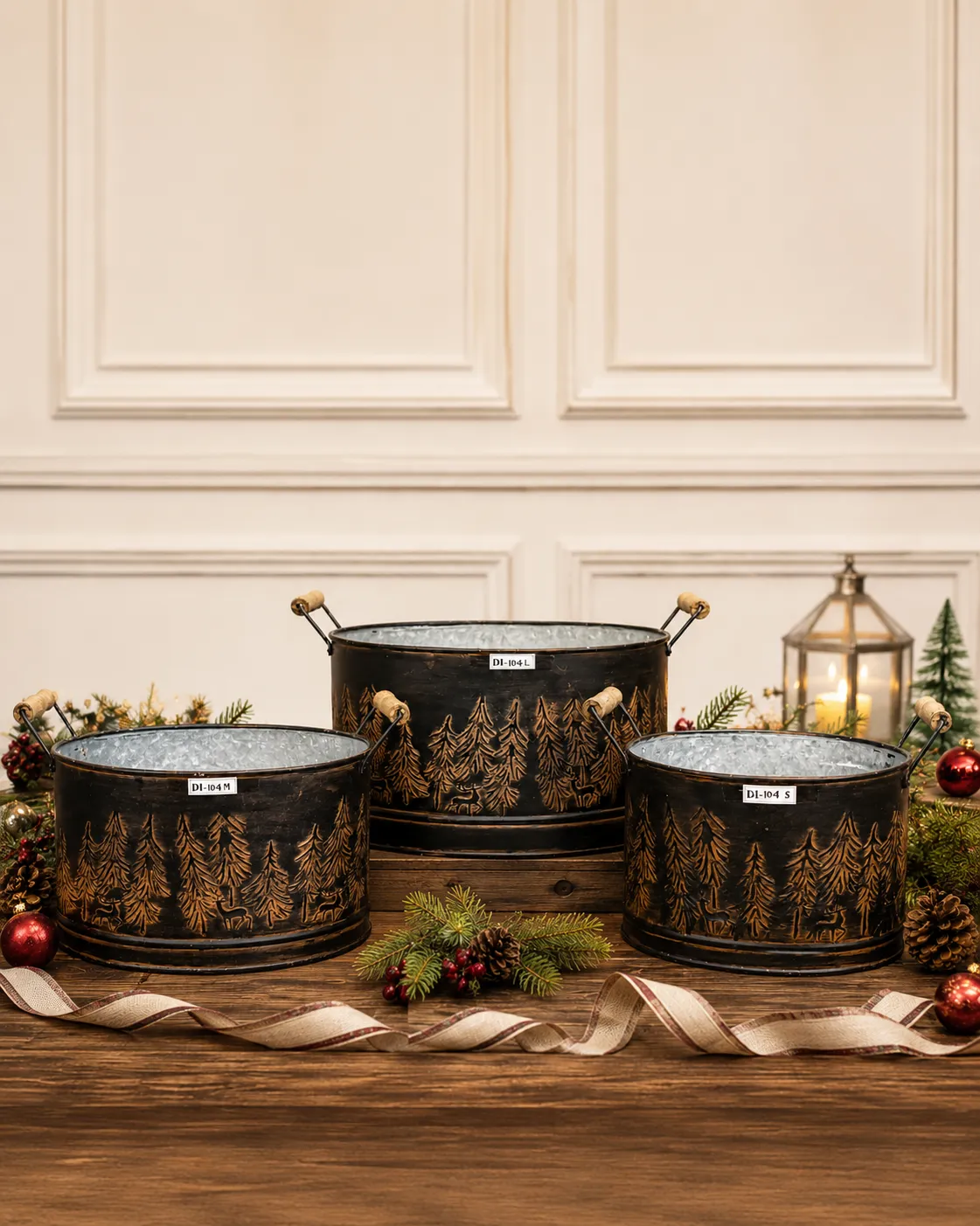 Embossed Pine Forest Metal Planter Tubs (DI-104) - Burnished Bronze & Wooden Handles [41cm x 28cm x 19cm, 35cm x 23cm x 18cm & 29cm x 19cm x 16cm (Set of 3)] handcrafted metal decor by Dekkor Impex Moradabad