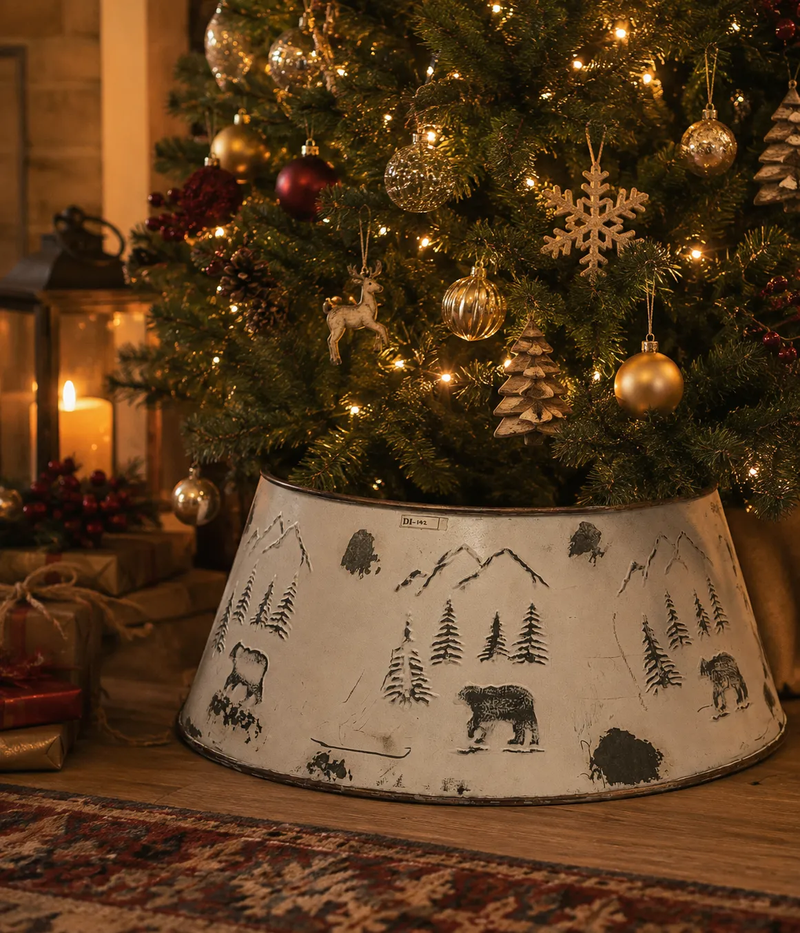 Embossed Wildlife & Pine Tree Metal Christmas Tree Collar (DI-142) - Distressed White Enamel & Embossed Forest Relief [62cm x 44cm x 23cm] handcrafted metal decor by Dekkor Impex Moradabad