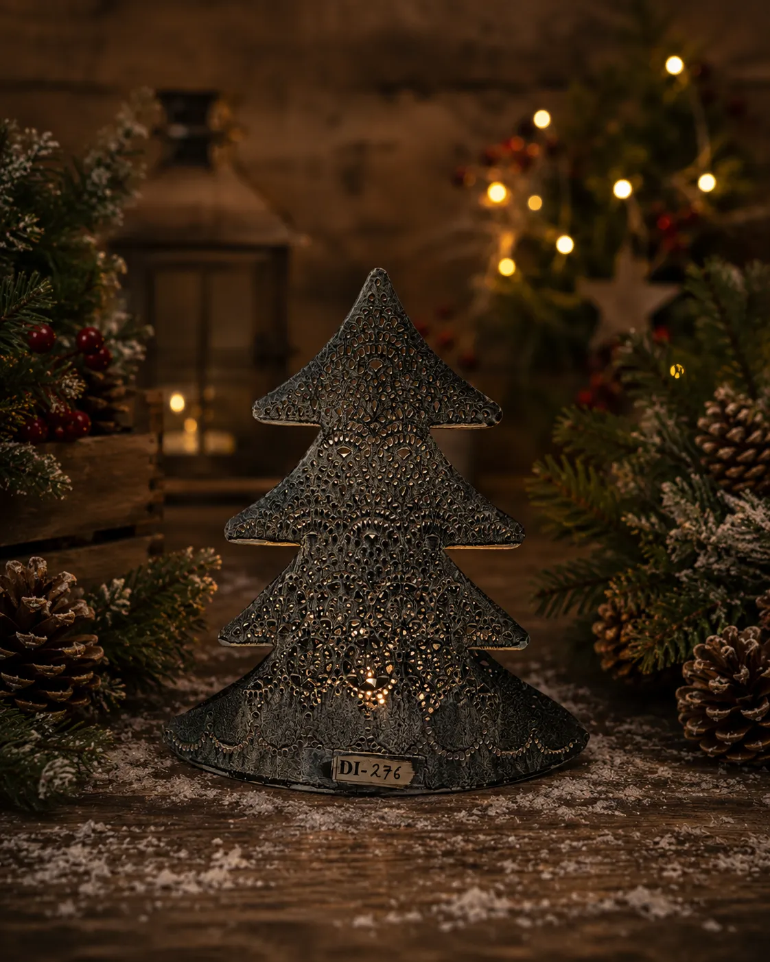 Etched Metal Christmas Tree Votive Holder (DI-276) - Antique Blackened Bronze & Etched Pattern [20cm x 9cm x 21cm] handcrafted metal decor by Dekkor Impex Moradabad