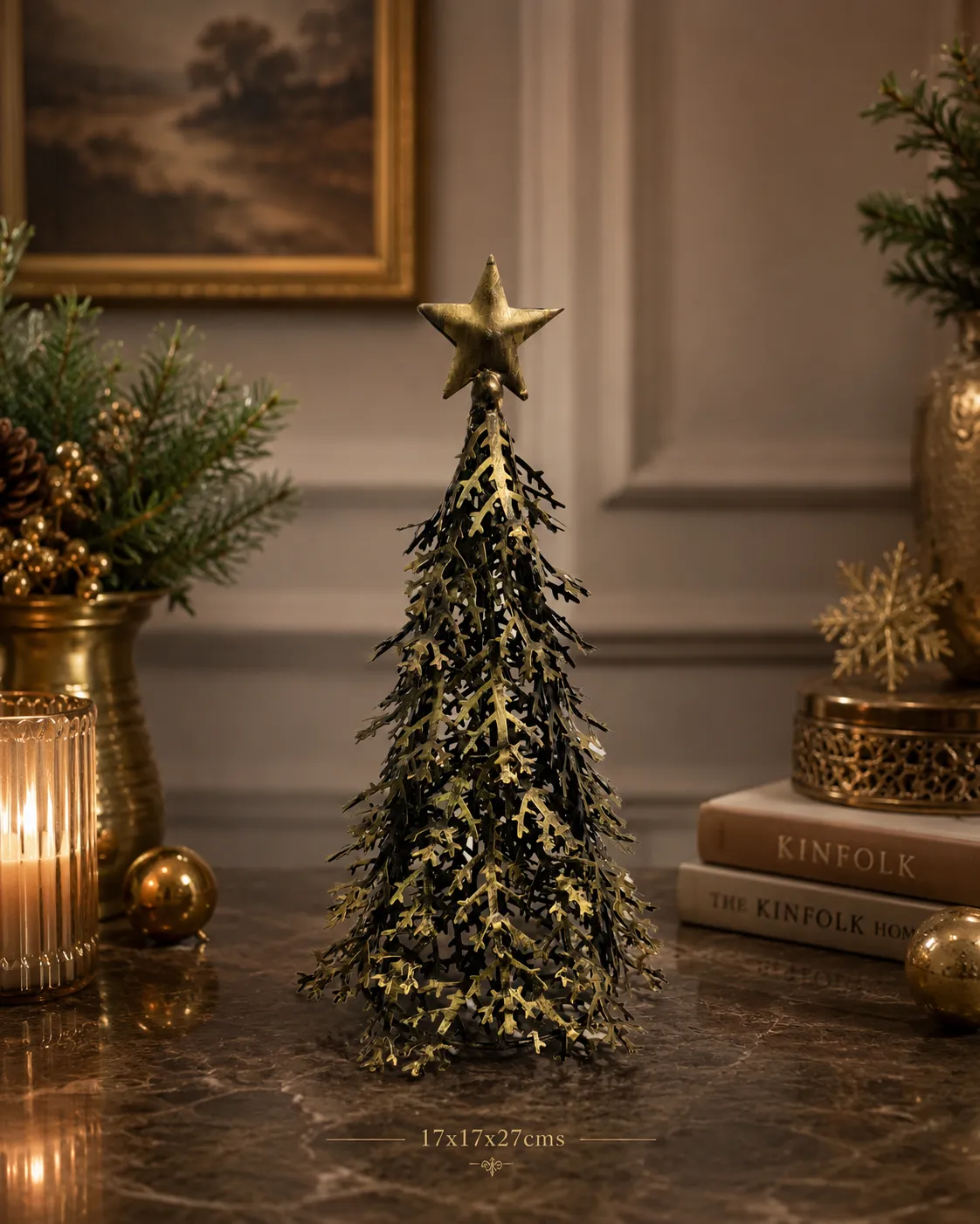 Feathered Needle Metal Christmas Tree (DI-750) - Antique Gold Brass [20cm x 20cm x 31cm] handcrafted metal decor by Dekkor Impex Moradabad