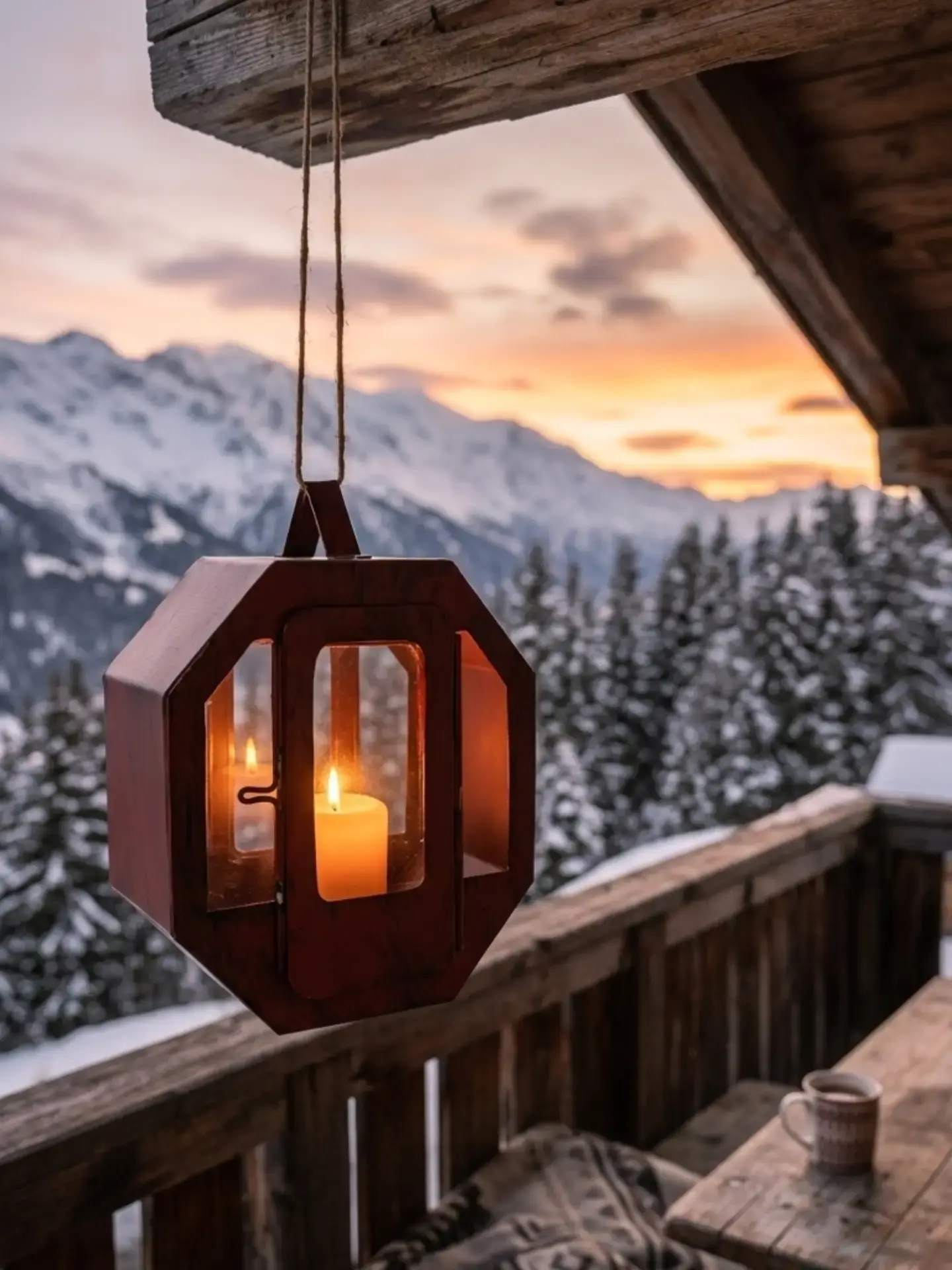Alpine Gondola Lantern (DI-795) - Weathered Crimson Enamel & Jute Cord [16cm x 8cm x 19cm] handcrafted metal decor by Dekkor Impex Moradabad