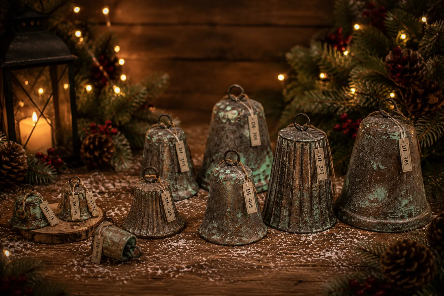 Handcrafted Verdigris Metal Christmas Harmony Bells (DI-386 / DI-387) - Patinated Verdigris & Rustic Burnished Bronze [Assorted Decorative Sizes] handcrafted metal decor by Dekkor Impex Moradabad
