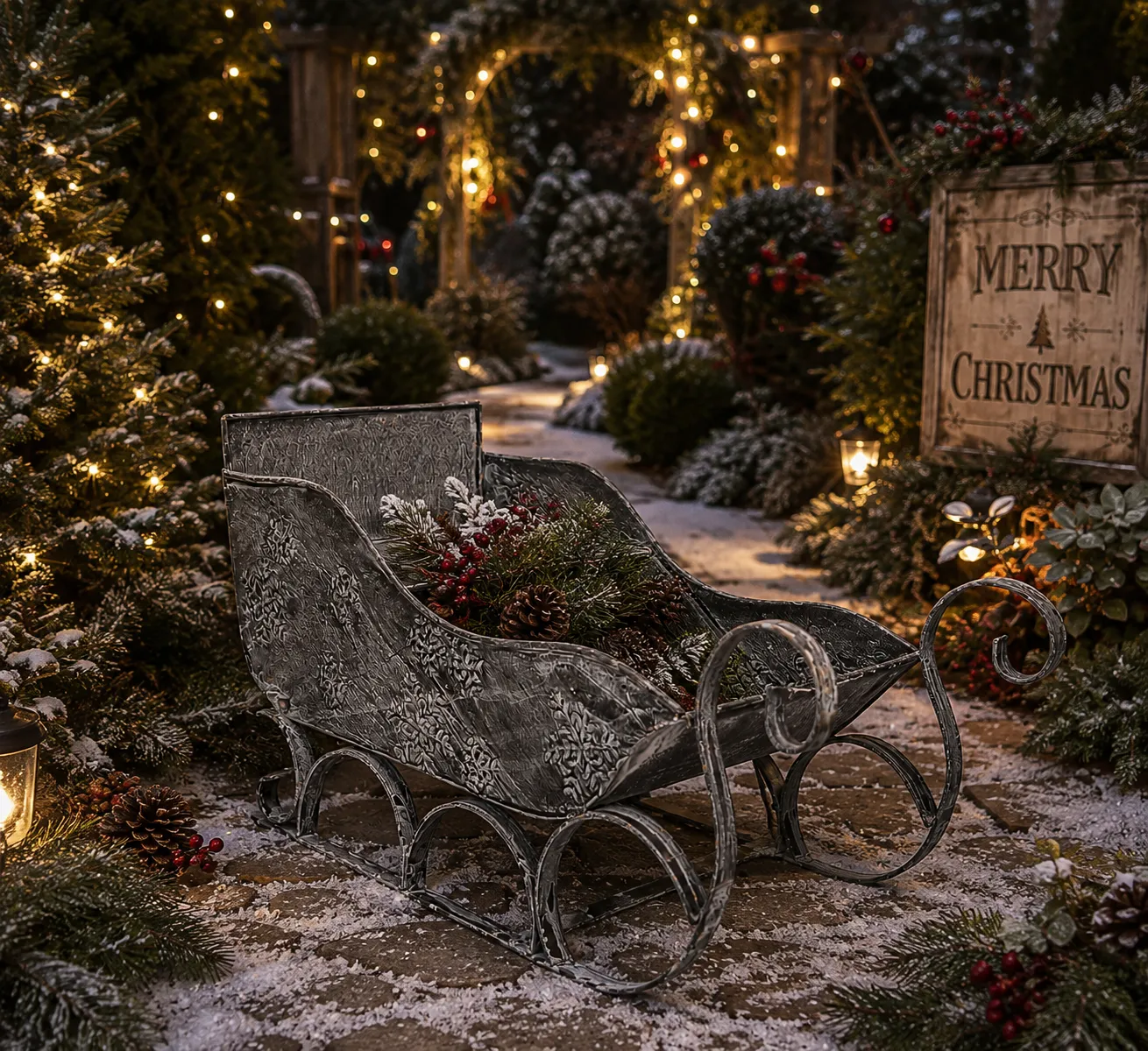 Embossed Vintage Metal Christmas Sleigh Centerpiece (DI-193) - Weathered Pewter & Embossed Filigree Scrollwork [47cm x 17cm x 22cm] handcrafted metal decor by Dekkor Impex Moradabad