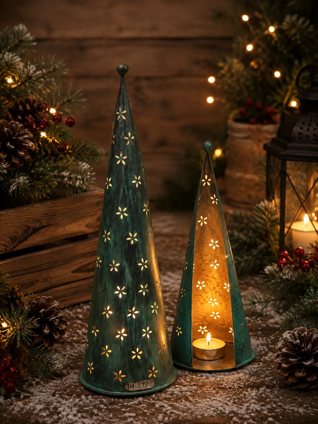 Star Cutout Metal Conical Christmas Tree Votive Set (DI-277) - Verdigris Forest Green & Gold Interior [38cm x 12cm & 32cm x 12cm (Set of 2)] handcrafted metal decor by Dekkor Impex Moradabad