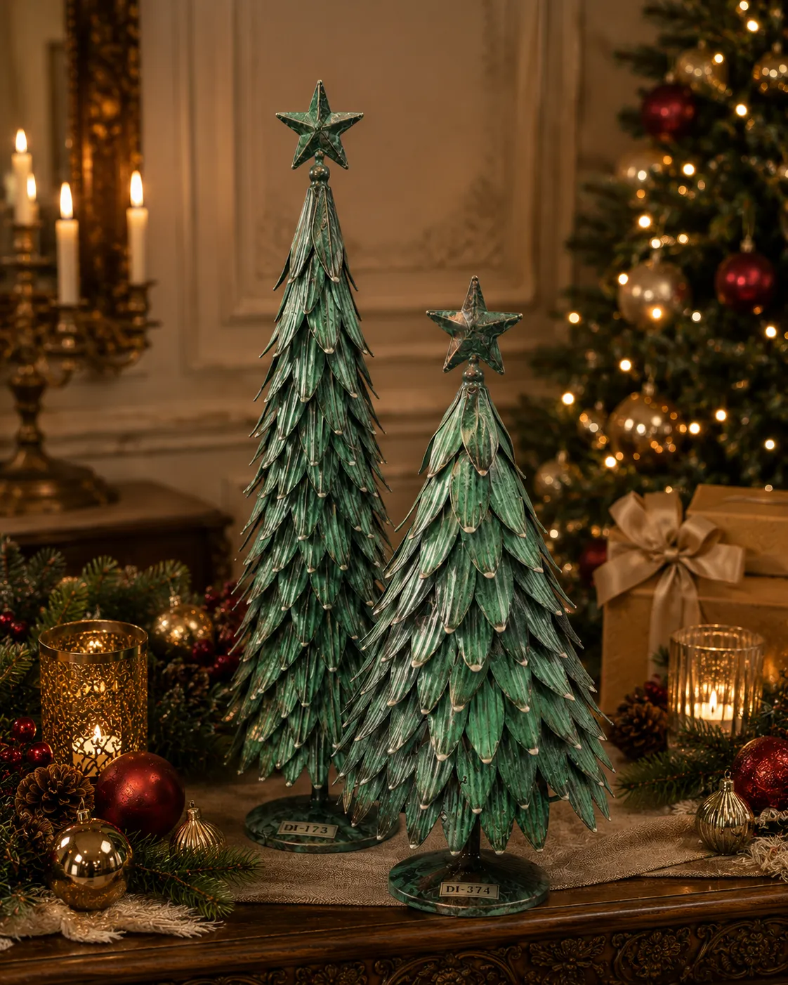 Verdigris Layered Leaf Metal Christmas Trees (DI-173 / 174) - Verdigris Patina & Star Toppers [14cm x 14cm x 50cm & 20cm x 20cm x 42cm (Set of 2)] handcrafted metal decor by Dekkor Impex Moradabad