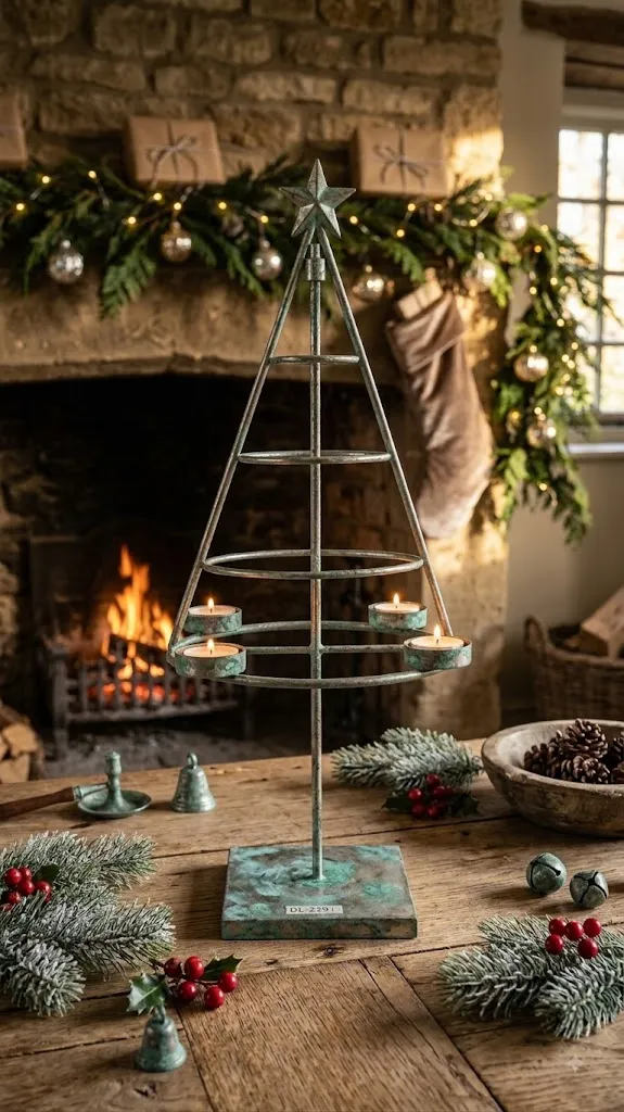 Wrought Iron Conical Christmas Tree Tealight Candelabra (DI-229) - Verdigris Weathered Iron & Star Topper [Conical Tiered Candle Stand] handcrafted metal decor by Dekkor Impex Moradabad