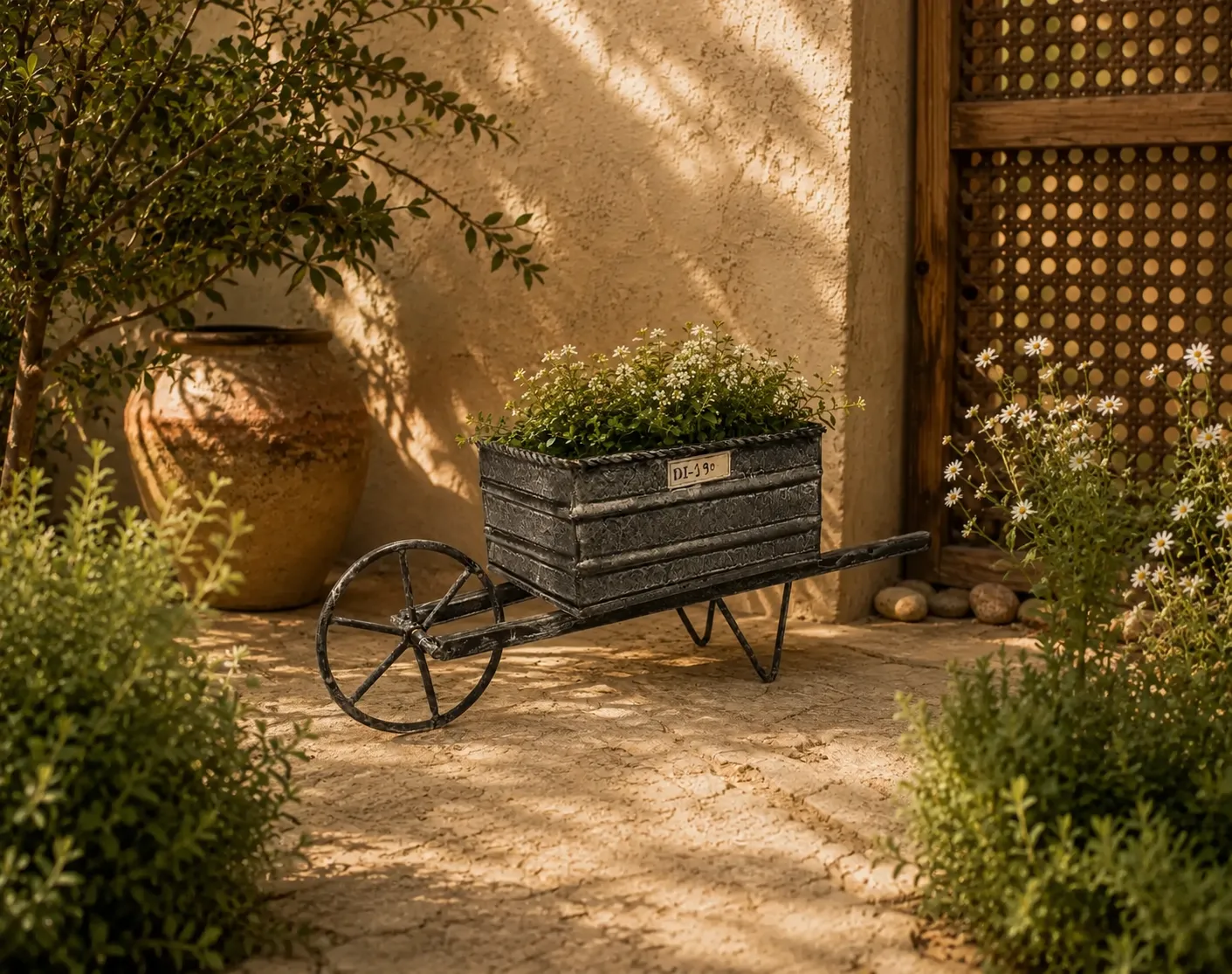 Artisan Metal Wheelbarrow Planter (DI-190) - Textured Charcoal Iron & Spoked Wheel [36cm x 11cm x 14cm] handcrafted metal decor by Dekkor Impex Moradabad