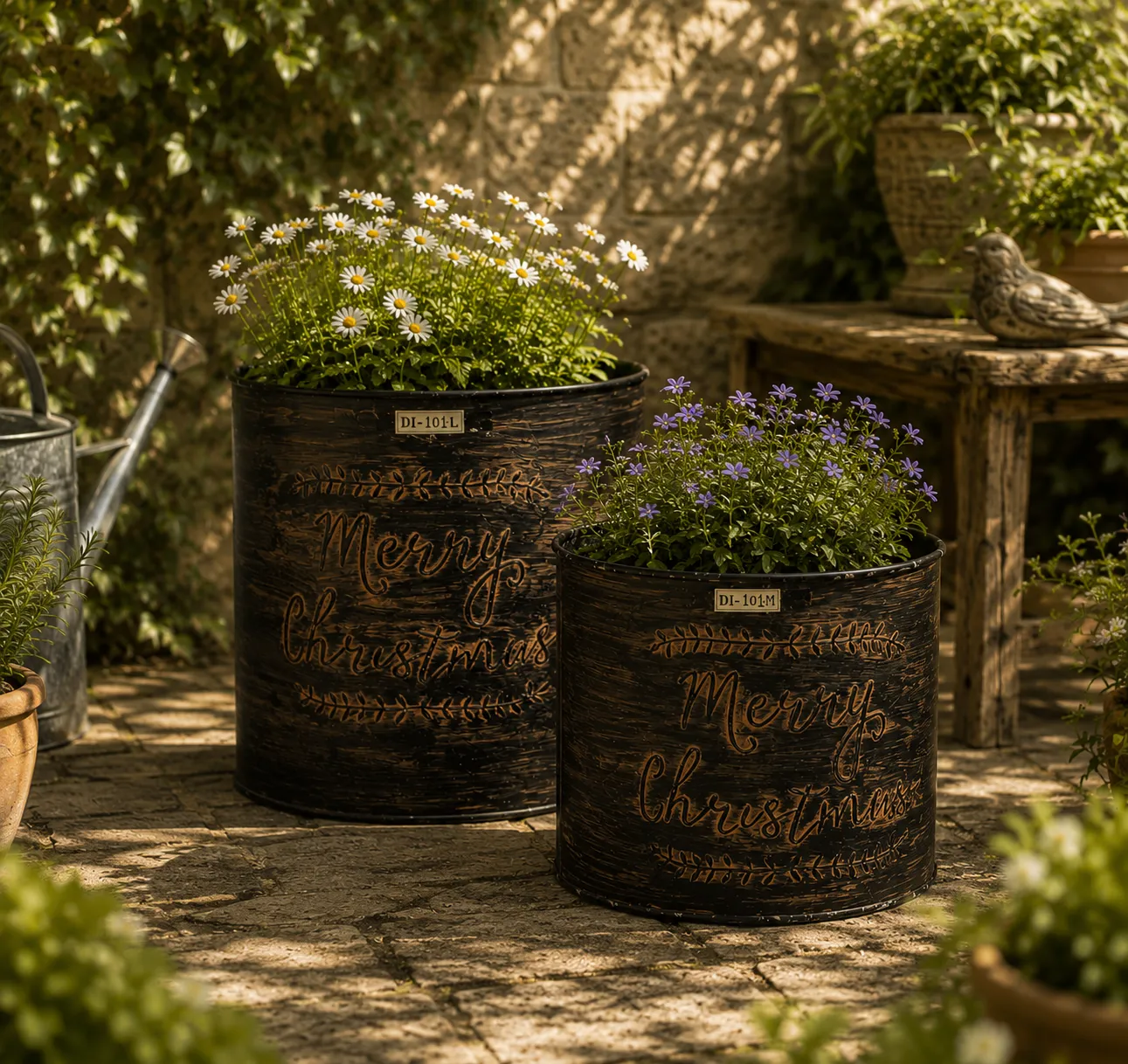 Embossed Festive Metal Bucket Planters (DI-101) - Burnished Bronze & Embossed Script [28cm x 28cm x 27cm & 24cm x 24cm x 22cm (Set of 2)] handcrafted metal decor by Dekkor Impex Moradabad