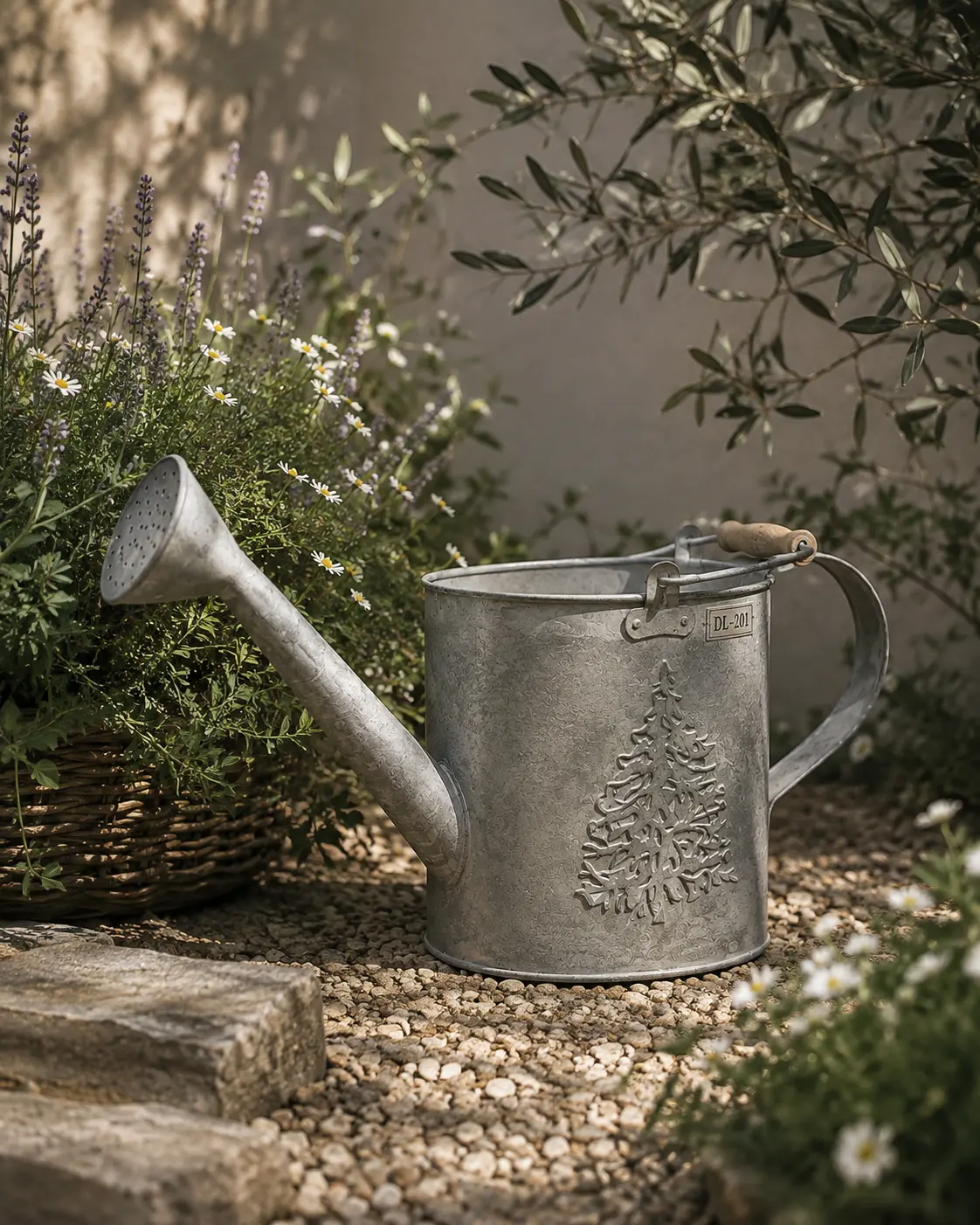 Pine Tree Embossed Galvanized Watering Can (DI-201) - Patinated Galvanized Zinc & Wooden Handle [49cm x 21cm x 26cm] handcrafted metal decor by Dekkor Impex Moradabad