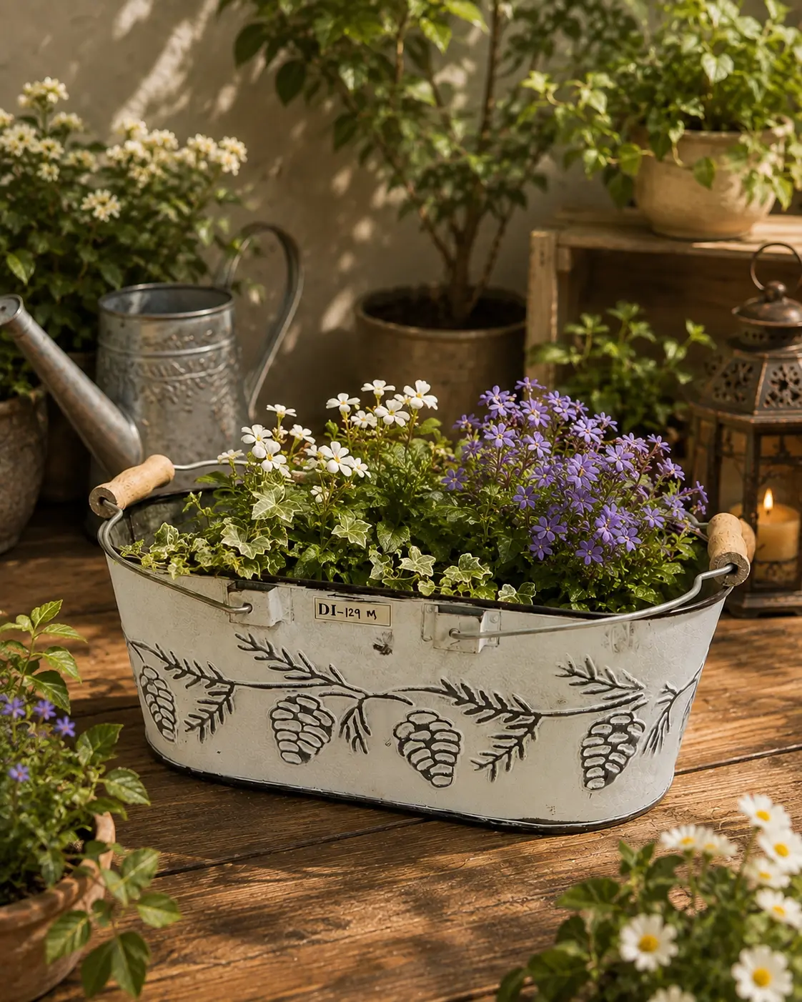 Pinecone Relief Galvanized Planter Tub (DI-129) - Rustic White Enamel & Wooden Handles [35cm x 22cm x 15cm] handcrafted metal decor by Dekkor Impex Moradabad