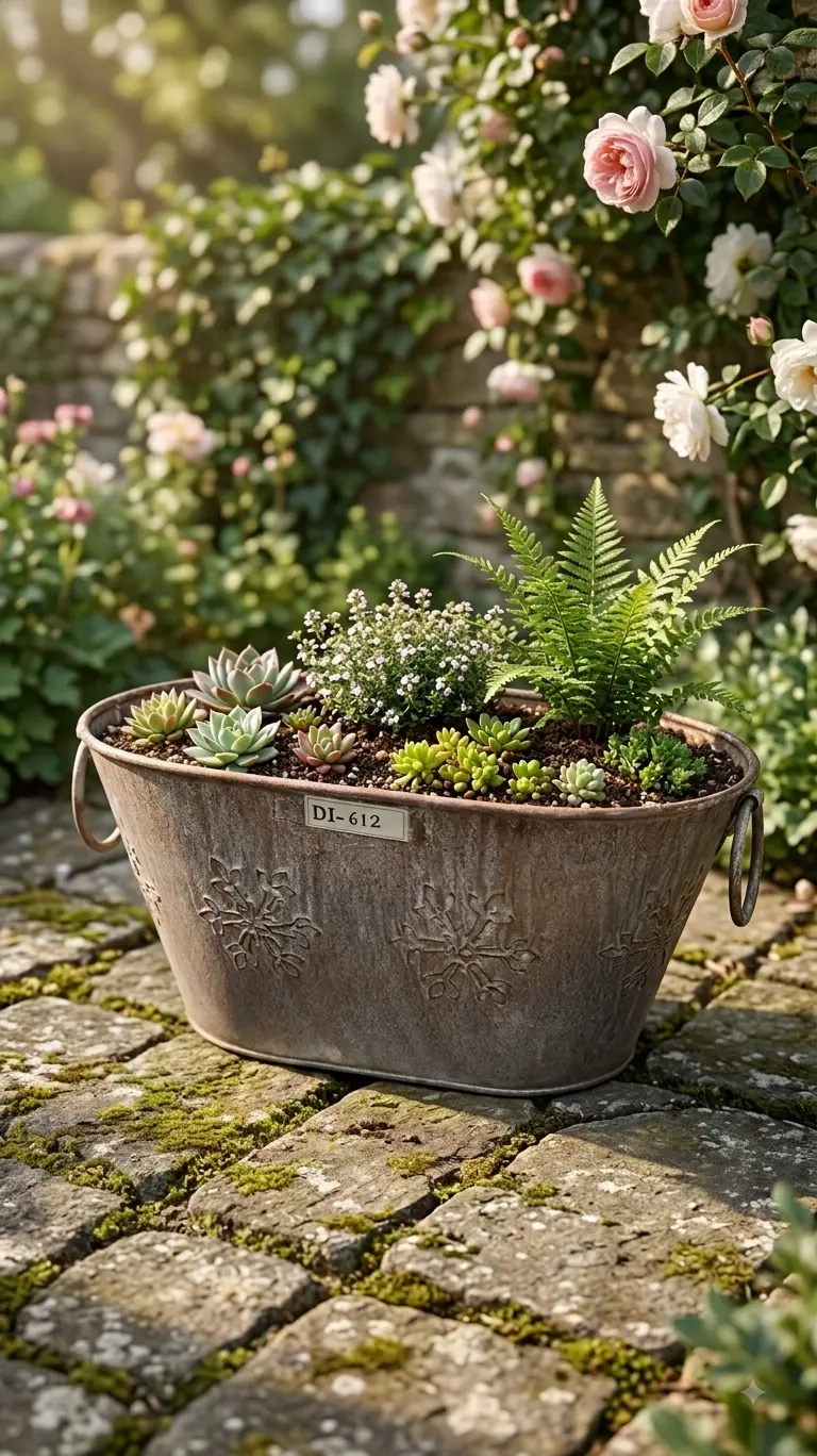 Snowflake Relief Metal Trough Planter (DI-612) - Weathered Bronzed Rust & Ring Handles [29cm x 18cm x 13cm] handcrafted metal decor by Dekkor Impex Moradabad