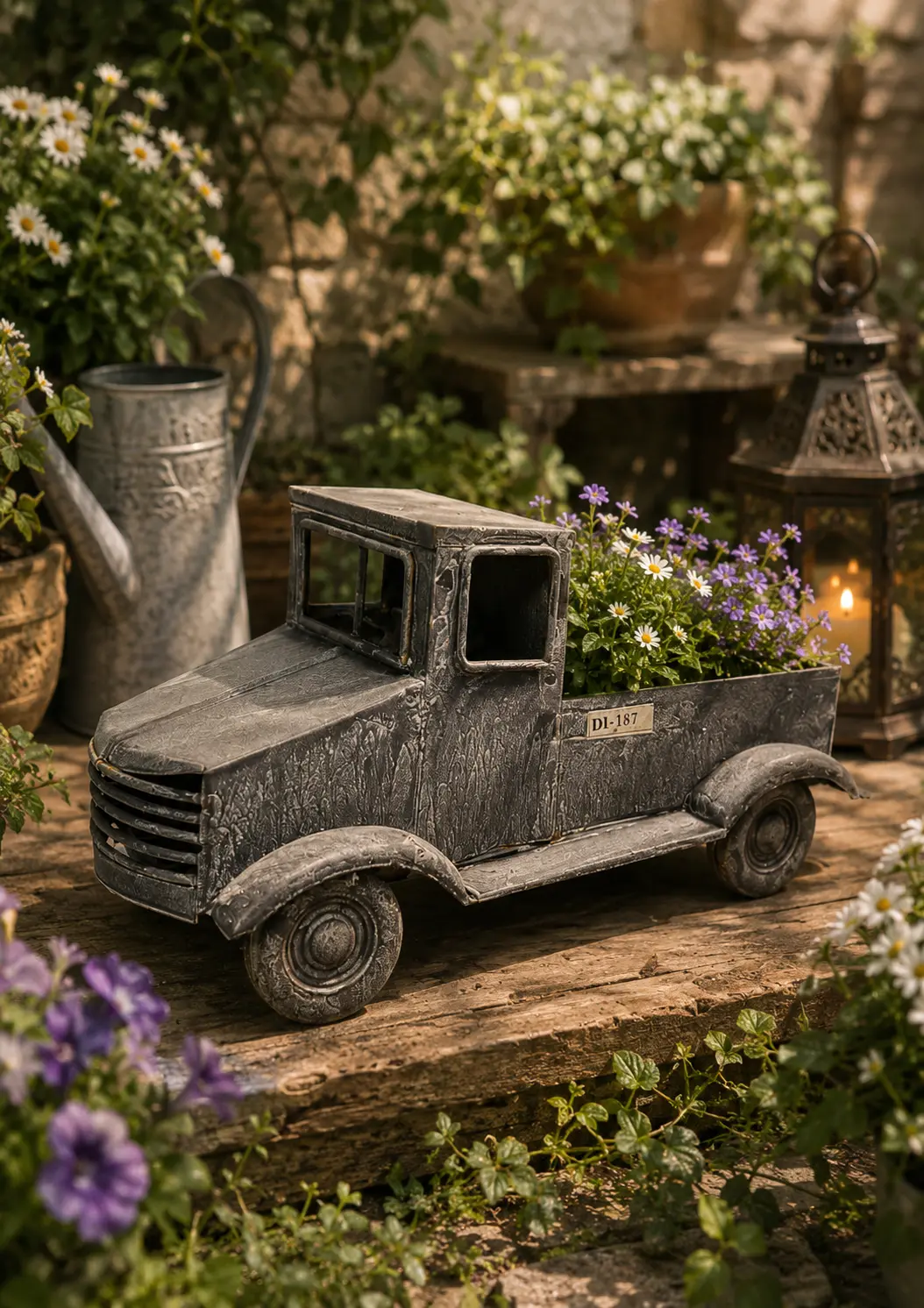 Vintage Pickup Truck Garden Planter (DI-187) - Weathered Pewter & Galvanized Iron [36cm x 19cm x 19cm] handcrafted metal decor by Dekkor Impex Moradabad