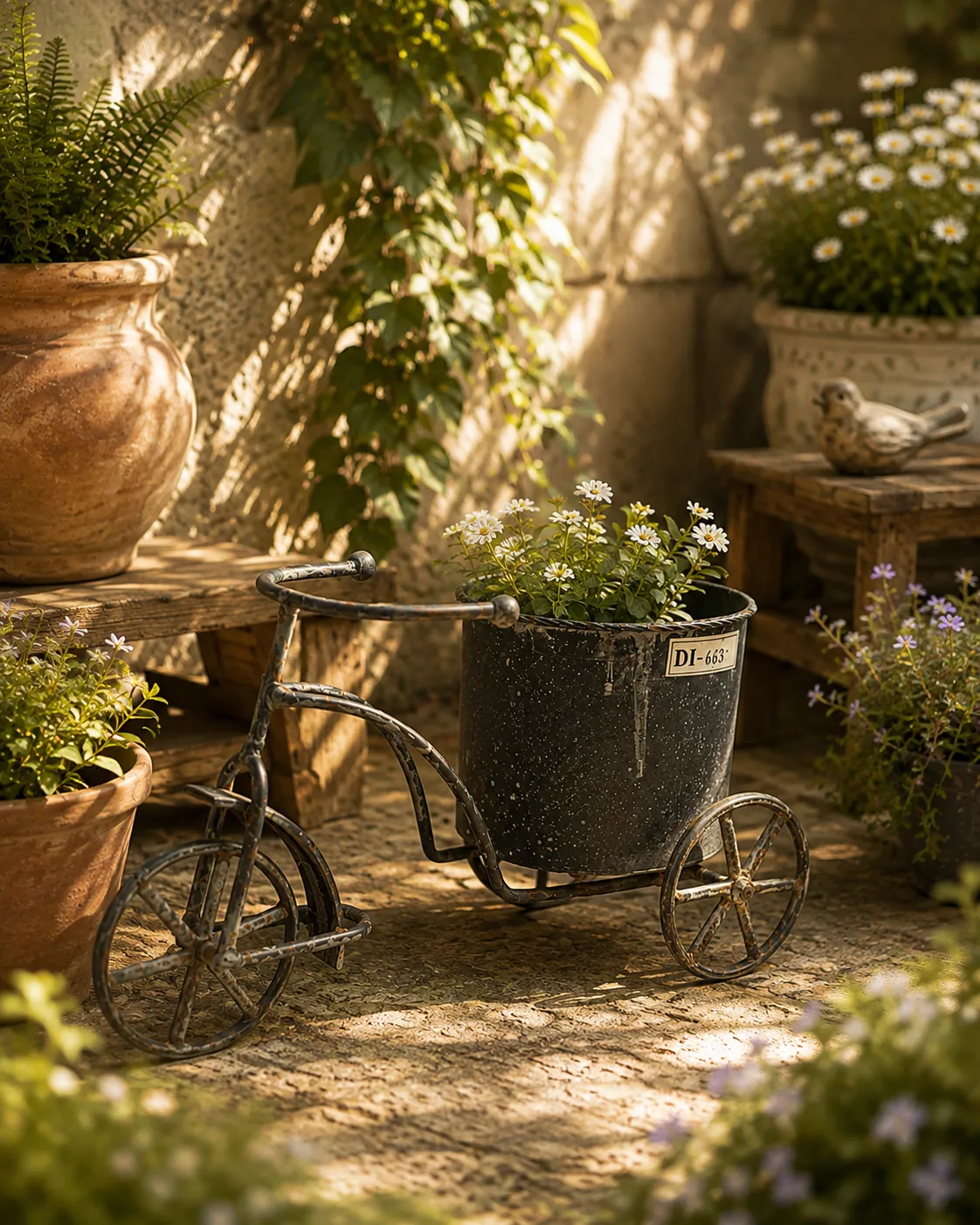 Vintage Tricycle Garden Metal Planter (DI-663) - Weathered Blackened Iron & Tricycle Frame [27cm x 13cm x 15cm] handcrafted metal decor by Dekkor Impex Moradabad