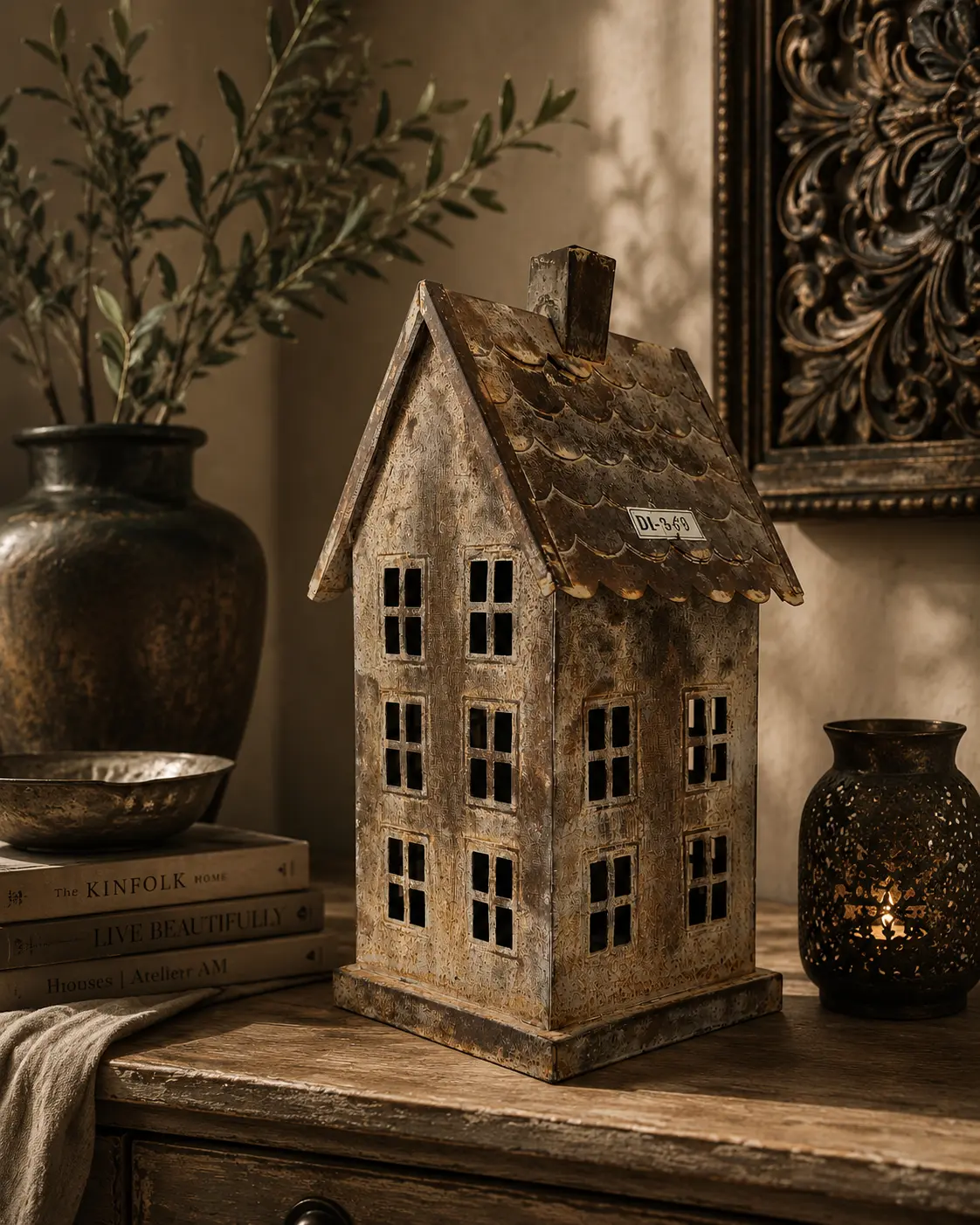 Architectural Townhouse Metal House (DI-368) - Weathered Bronzed Iron & Scalloped Roof [27cm x 13cm x 13cm] handcrafted metal decor by Dekkor Impex Moradabad