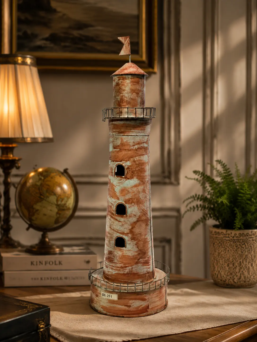 Coastal Beacon Metal Lighthouse (DI-251) - Distressed Brushed Copper & Weathered Patina [18cm x 54cm] handcrafted metal decor by Dekkor Impex Moradabad