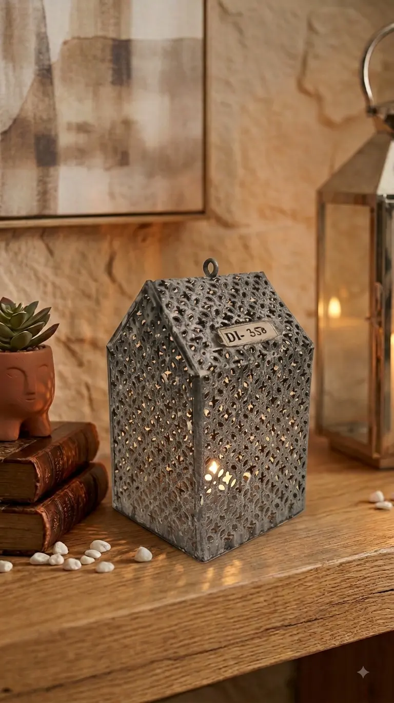 Filigree Lattice Metal House Lantern (DI-350) - Aged Galvanized Iron & Cutwork [14cm x 8cm x 9cm] handcrafted metal decor by Dekkor Impex Moradabad