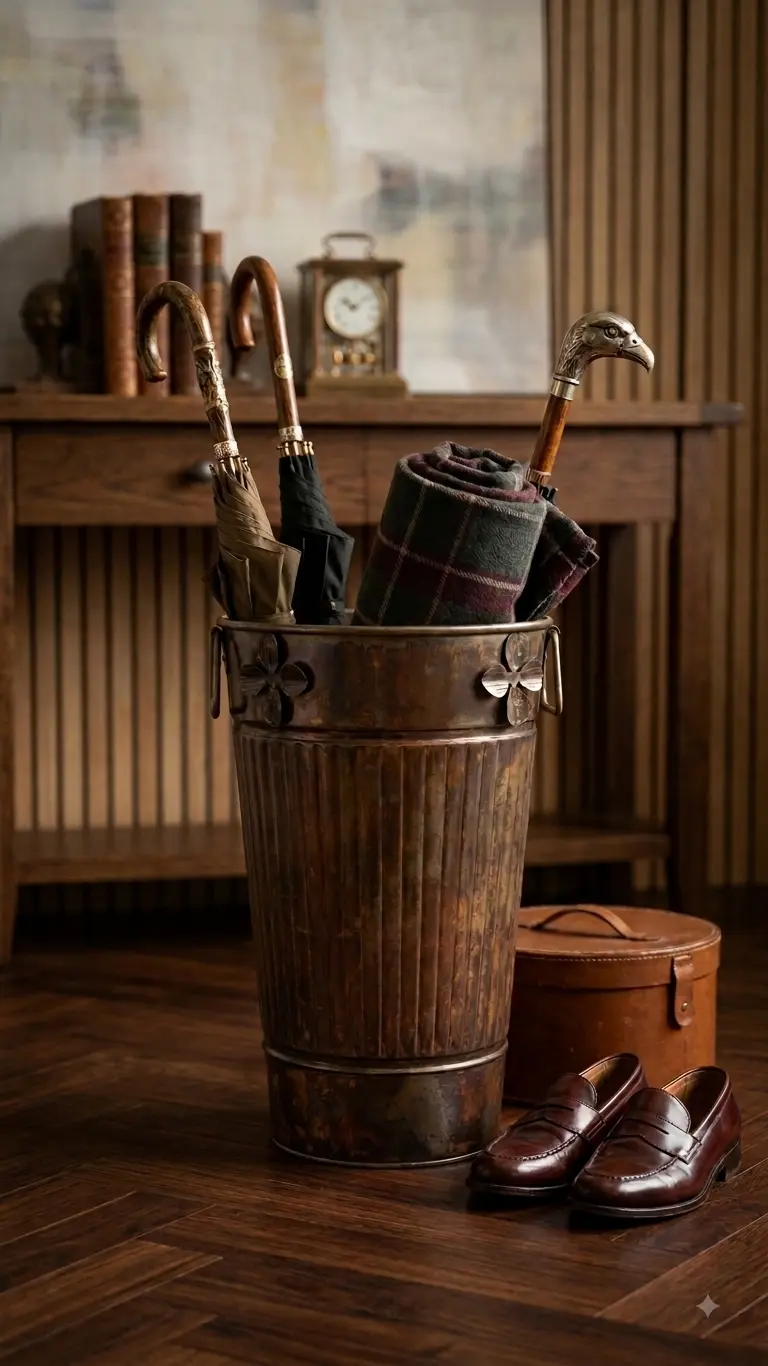 Fluted Antique Metal Umbrella Stand (DI-232) - Antique Burnished Bronze & Floral Rivets [Dia 22cm x H 33cm] handcrafted metal decor by Dekkor Impex Moradabad