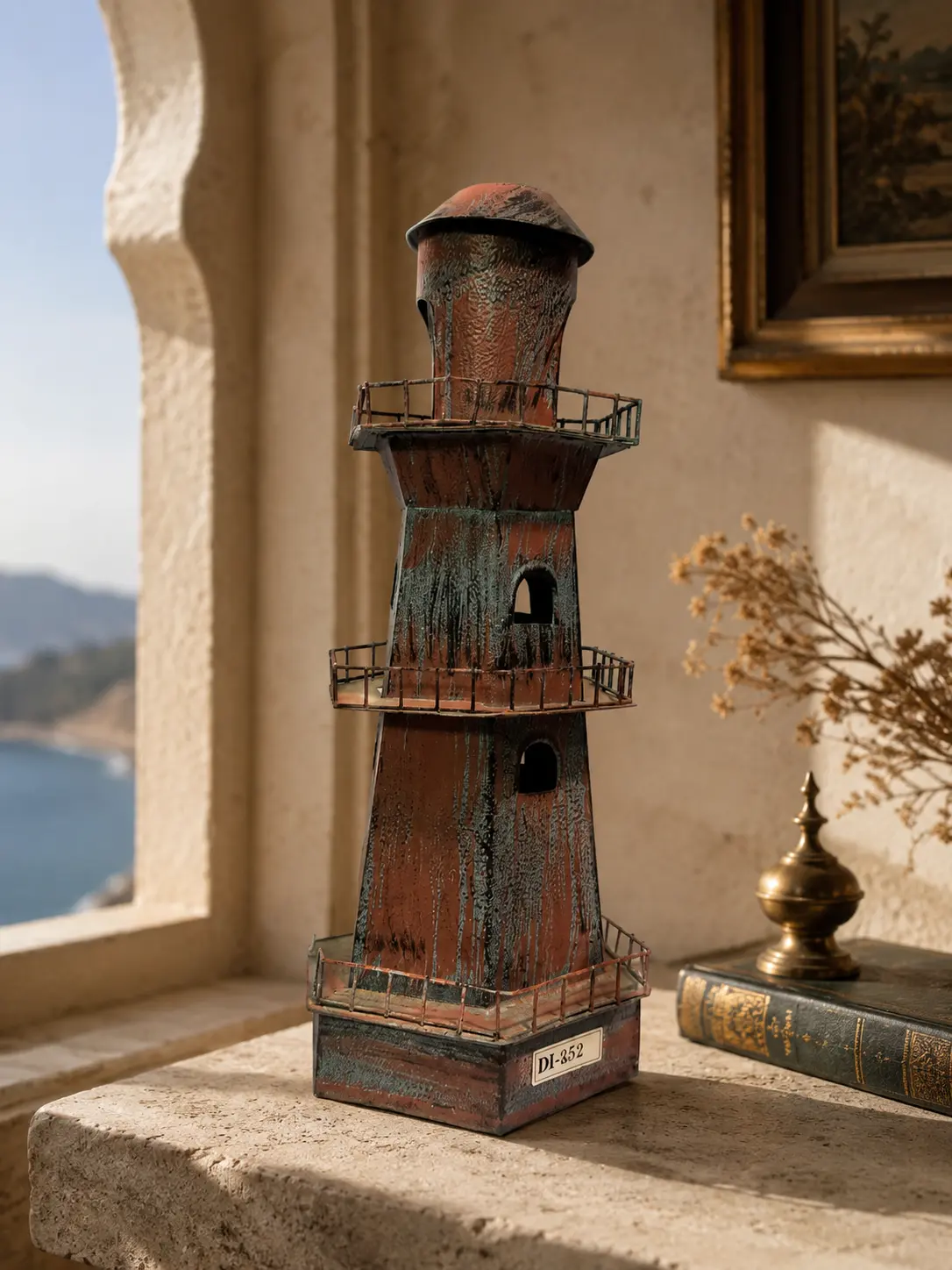 Patinated Verdigris Tiered Metal Lighthouse (DI-252) - Verdigris Patina & Distressed Iron [15cm x 37cm] handcrafted metal decor by Dekkor Impex Moradabad