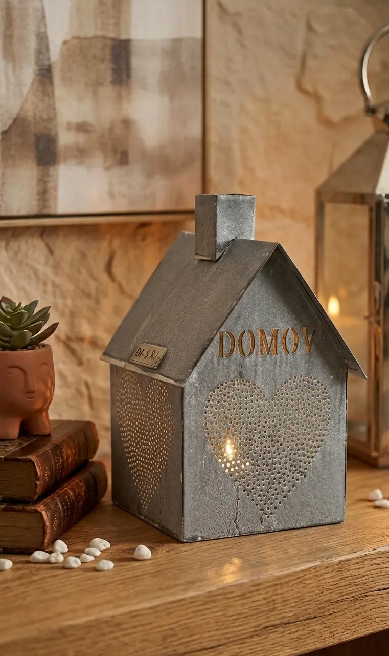 Perforated Heart Metal House Lantern (DI-321) - Antique Galvanized Iron [18cm x 12cm x 12cm] handcrafted metal decor by Dekkor Impex Moradabad