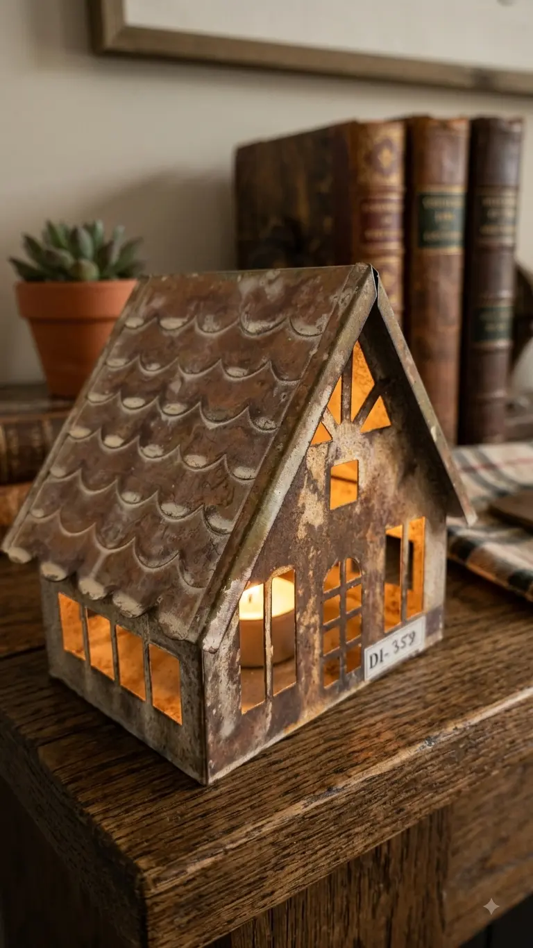 Scalloped Roof Cottage Metal Lantern (DI-359) - Patinated Rust & Weathered Iron [13cm x 11cm x 13cm] handcrafted metal decor by Dekkor Impex Moradabad