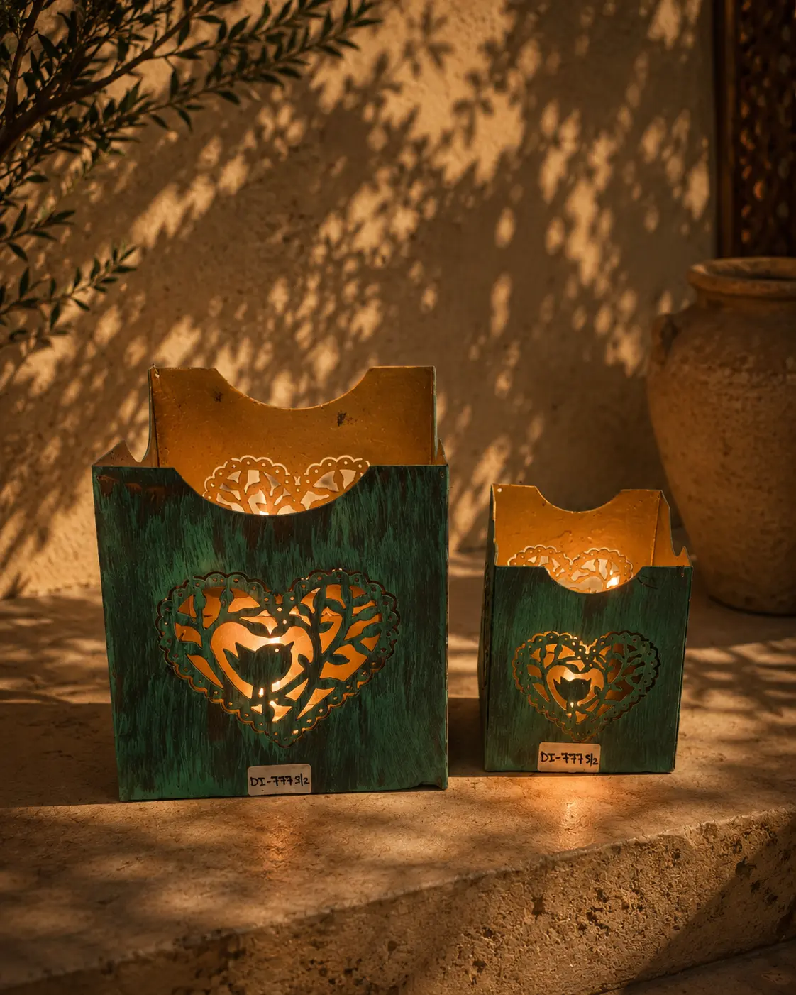 Filigree Heart Verdigris Votive Set (DI-777) - Verdigris Patina & Gold Foil Interior [15cm x 15cm x 15cm (Set of 2)] handcrafted metal decor by Dekkor Impex Moradabad